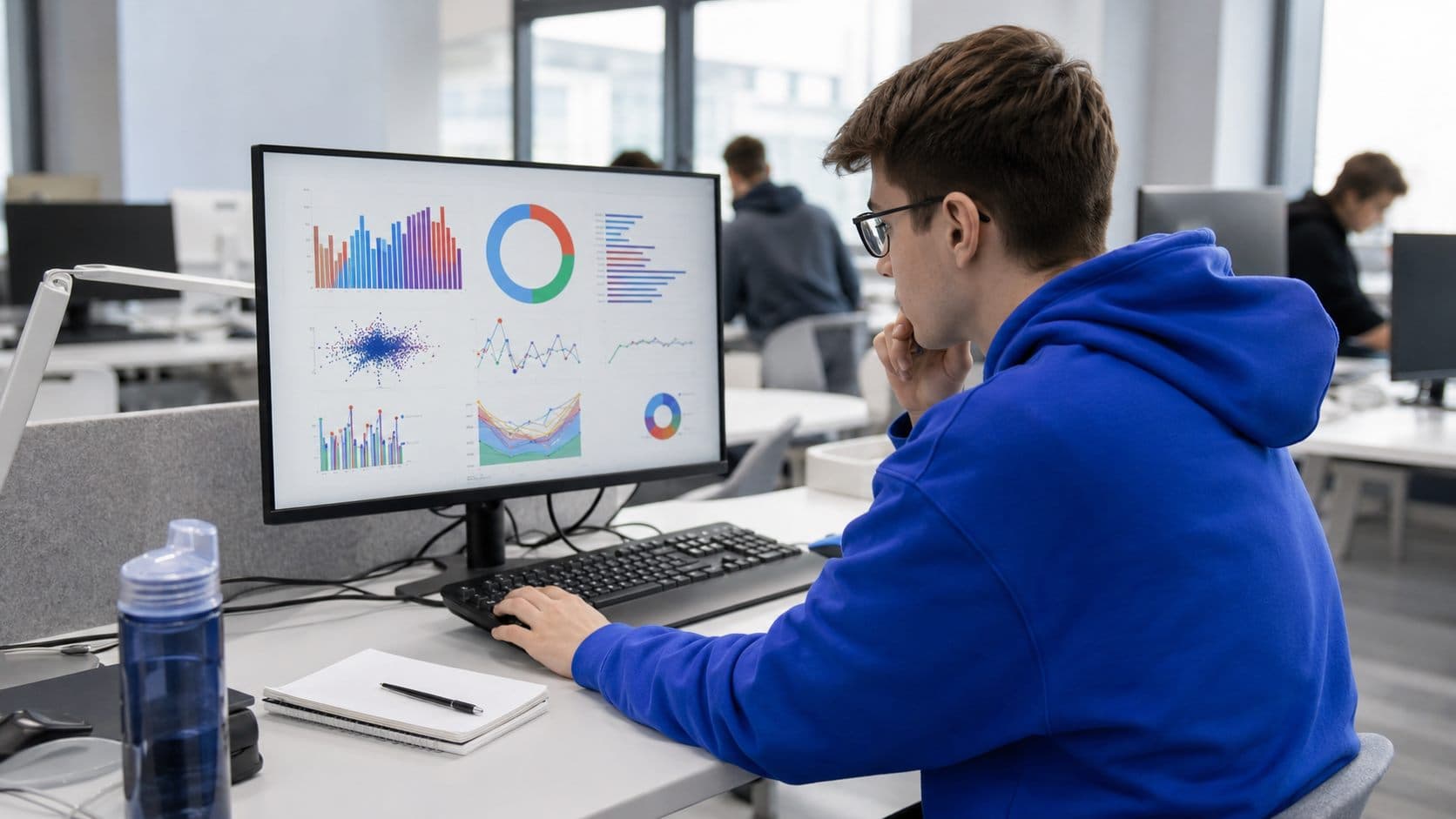 Студент анализирует визуализации данных на большом мониторе